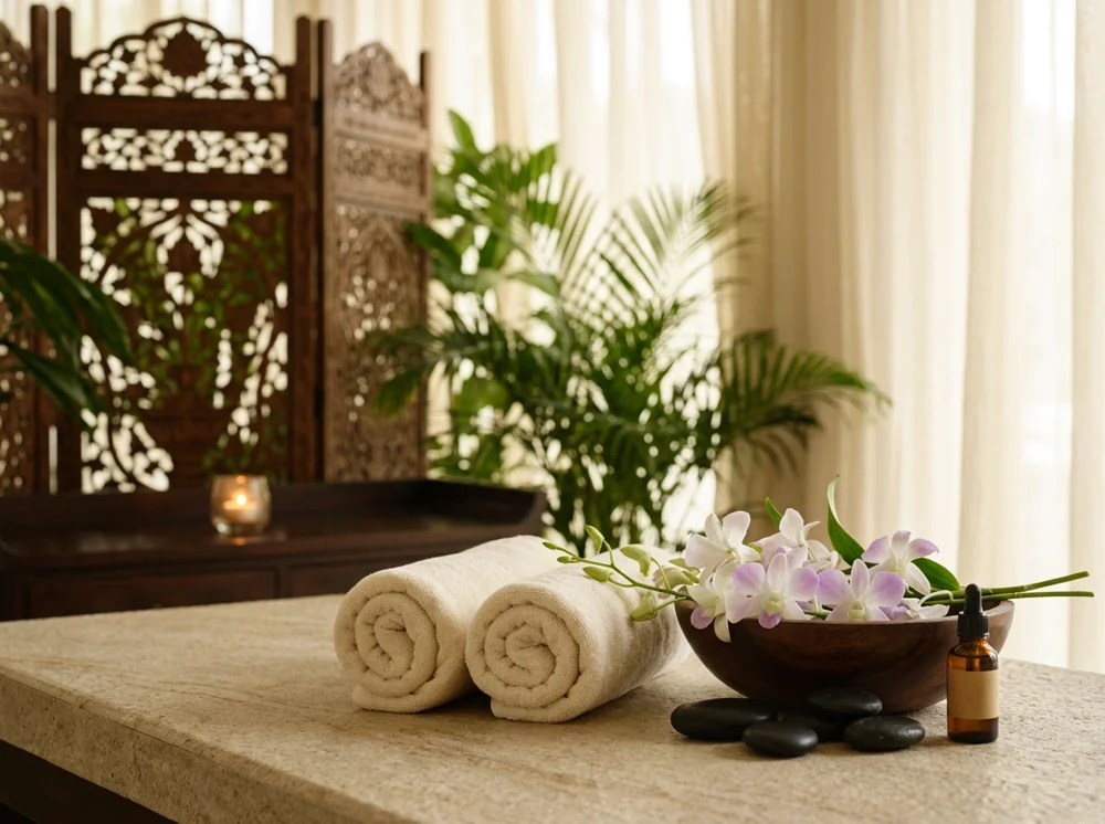 Cream spa towels, orchids and essential oil in a peaceful Thai-inspired setting